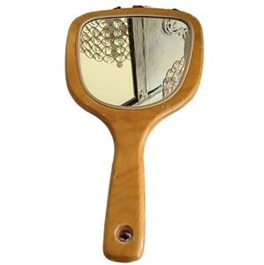 Vintage Hand Mirror Vanity Boho Mid Century Modern Tan Wood Look